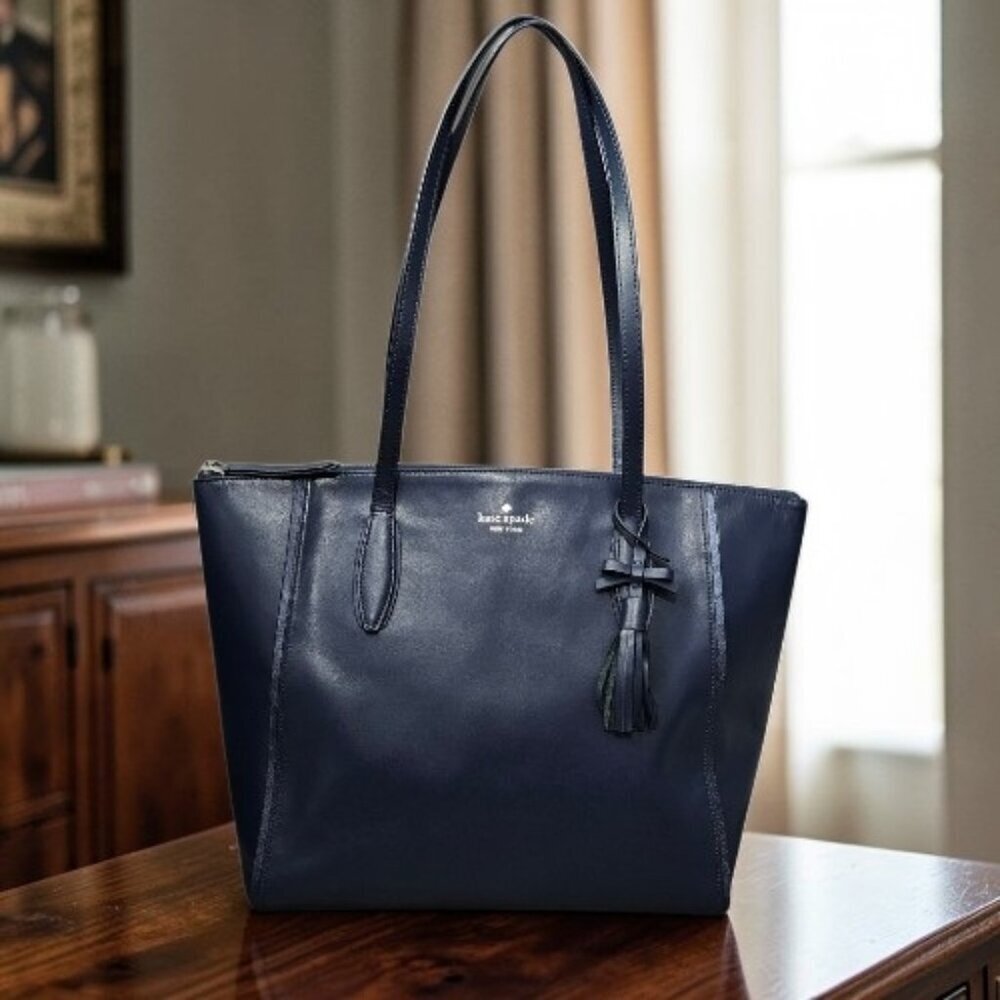 Kate Spade New York Kali Smooth Leather Tassel Zip Tote Shoulder Bag Navy COA